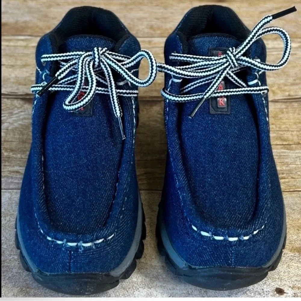 Redhawk Kids‎ Denim Moc Toe Boots Navy Blue Lace Up Lug Sole Shoes Size 6.5